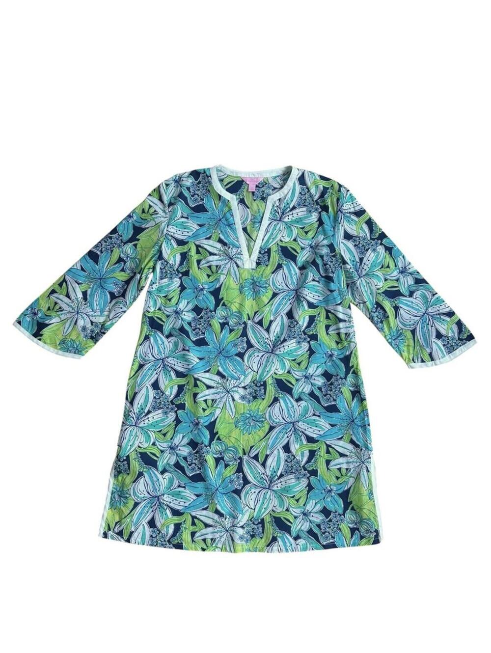 Lilly Pulitzer Blue and Green Tiger Lilly Mini Kaftan Tunic Dress